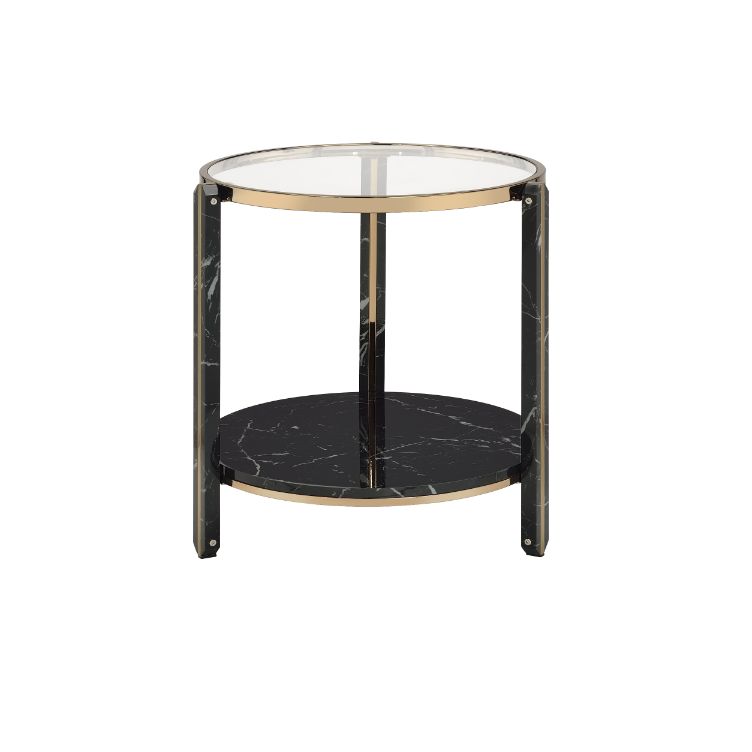 ACME Furniture Coffee Tables - ACME Thistle End Table, Clear Glass, Faux Black Marble & Champagne Finish