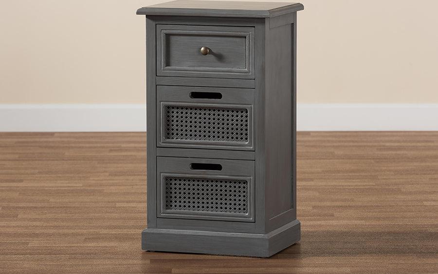 Wholesale Interiors Side & End Tables - Sheldon Vintage Grey Finished Wood and Synthetic Rattan 3-Drawer End Table