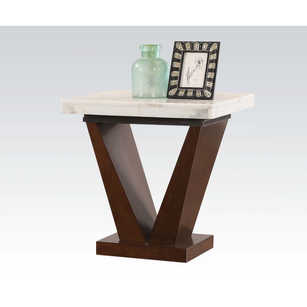 ACME Side & End Tables - ACME Forbes End Table, White Marble & Walnut