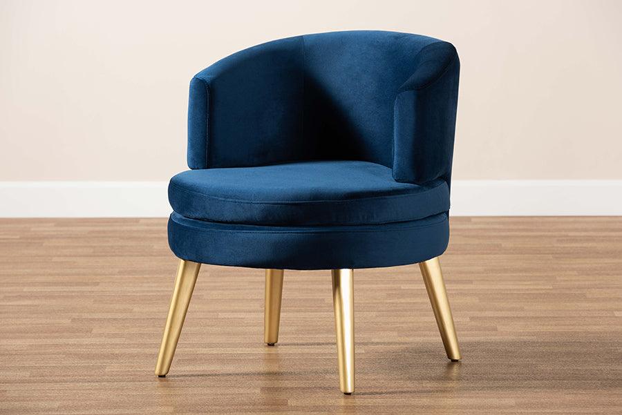 Wholesale Interiors Accent Chairs - Baptiste Glam and Luxe Navy Blue Velvet Fabric Upholstered and Gold Finished Wood Accent Chair