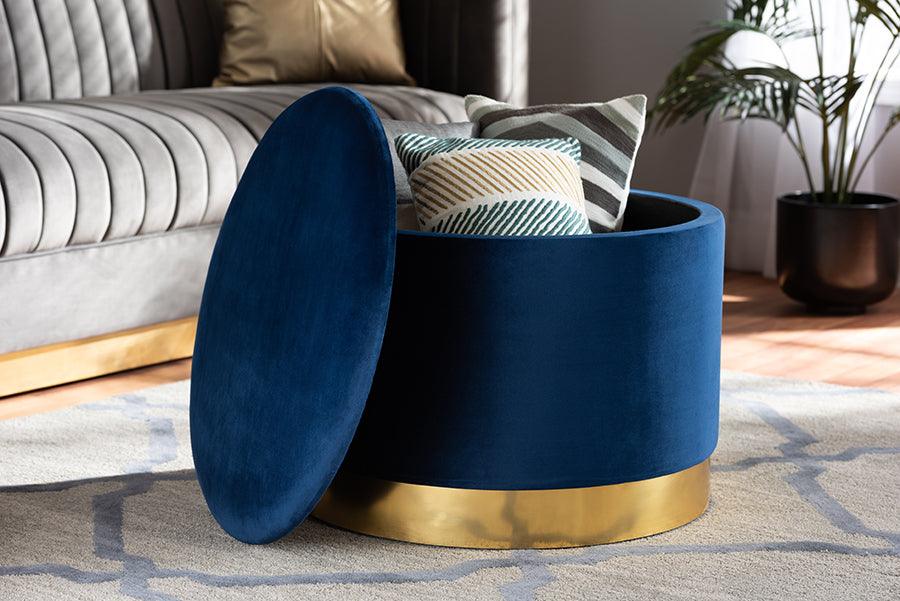 Wholesale Interiors Ottomans & Stools - Marisa Glam And Luxe Navy Blue Velvet Fabric Upholstered Gold Finished Storage Ottoman