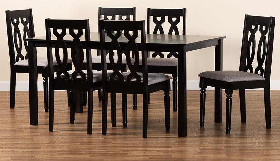 Wholesale Interiors Dining Sets - Cherese Grey Fabric Upholstered and Dark Brown Finished Wood 7-Piece Dining Set