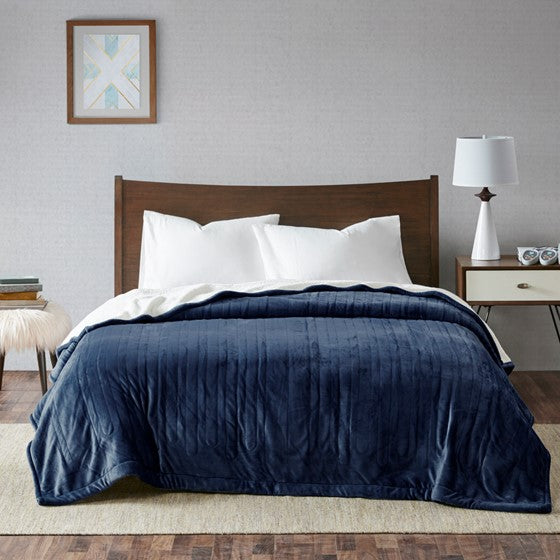 Olliix.com Heated Blankets - Plush Reverses to Berber Heated Blanket Indigo Twin