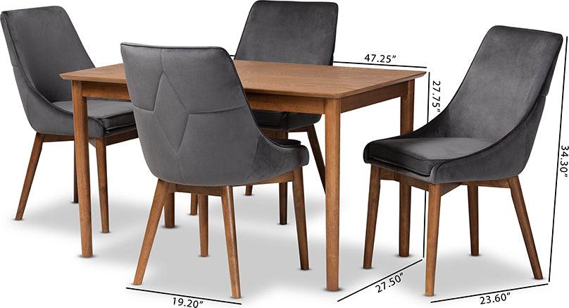 Wholesale Interiors Dining Sets - Gilmore Modern and Contemporary Grey Velvet and Walnut Brown Wood 5-Piece Dining Set