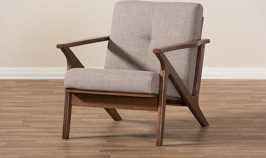 Wholesale Interiors Accent Chairs - Bianca Mid-Century Modern Walnut Wood Light Grey Fabric Tufted Lounge Chair