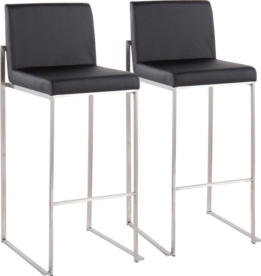 Lumisource Barstools - Fuji High Back Barstool In Stainless Steel & Black Faux Leather (Set of 2)