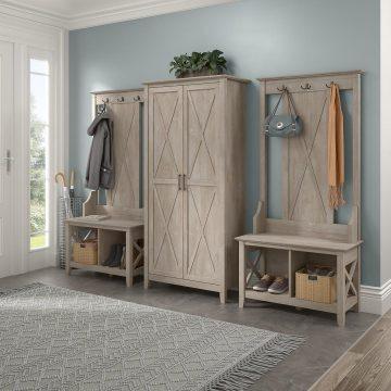 Bush Business Furniture Shoe Storage - Entryway Storage Set with Hall Tree, Shoe Bench and Tall Cabinet Washed Gray