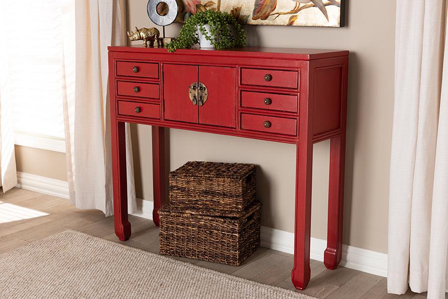 Wholesale Interiors Consoles - Melodie Classic and Antique Red Finished Wood Bronze Finished Accents 6-Drawer Console Table