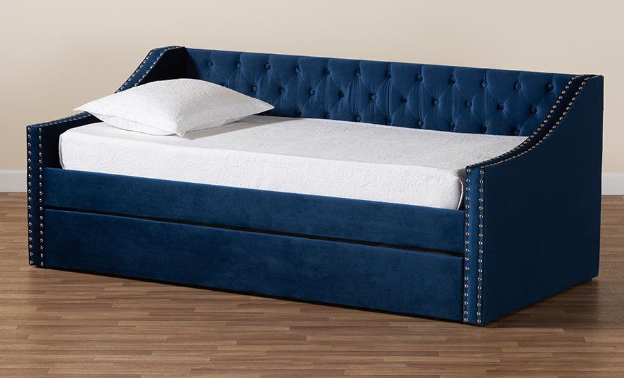 Wholesale Interiors Daybeds - Raphael Navy Blue Velvet Fabric Upholstered Twin Size Daybed with Trundle