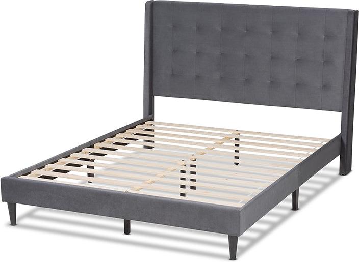 Wholesale Interiors Beds - Gothard Grey Velvet Fabric Upholstered and Dark Brown Finished Wood King Size Platform Bed