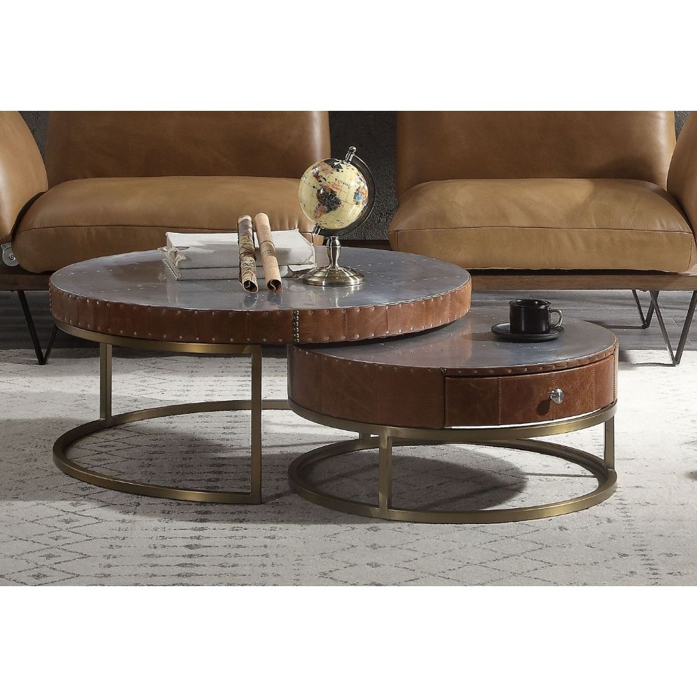 ACME Coffee Tables - ACME Tamas Coffee Table w/Drawer, Aluminum & Cocoa Top Grain Leather