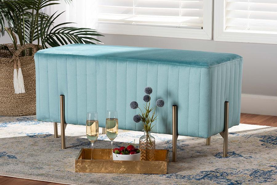 Wholesale Interiors Benches - Helaine Contemporary Glam and Luxe Sky Blue Fabric and Gold Metal Bench Ottoman