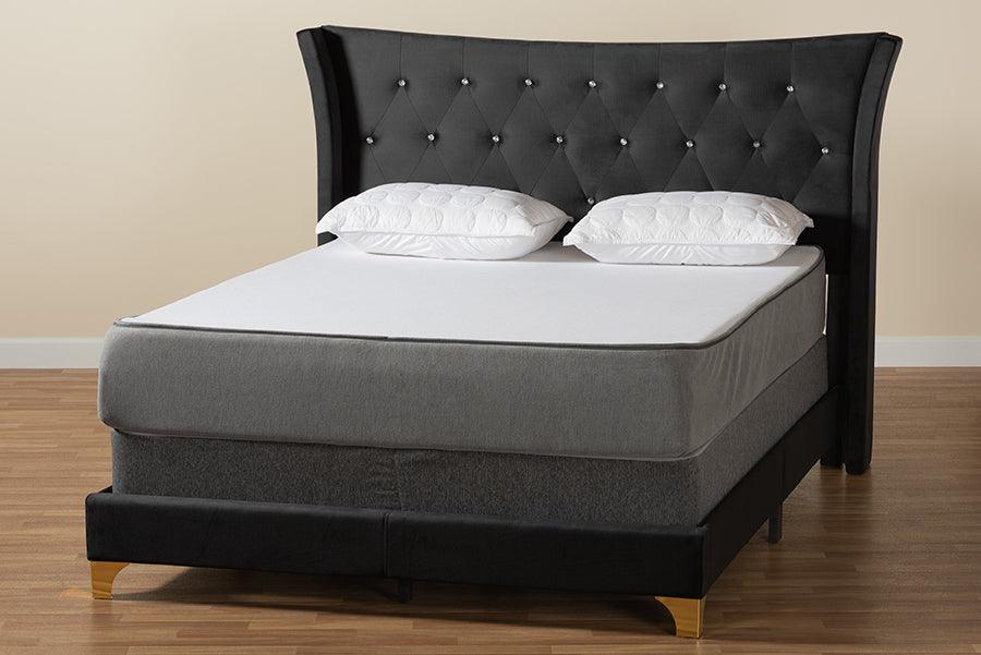 Wholesale Interiors Beds - Easton Contemporary Glam and Luxe Black Velvet and Gold Metal Queen Size Panel Bed