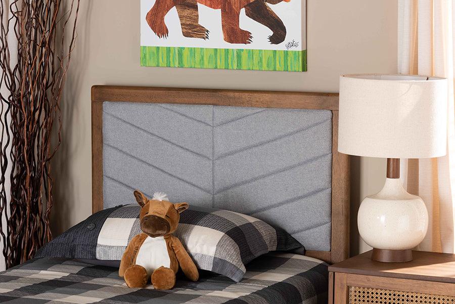 Wholesale Interiors Headboards - Iden Light Grey Fabric Upholstered and Walnut Brown Finished Wood Twin Size Headboard