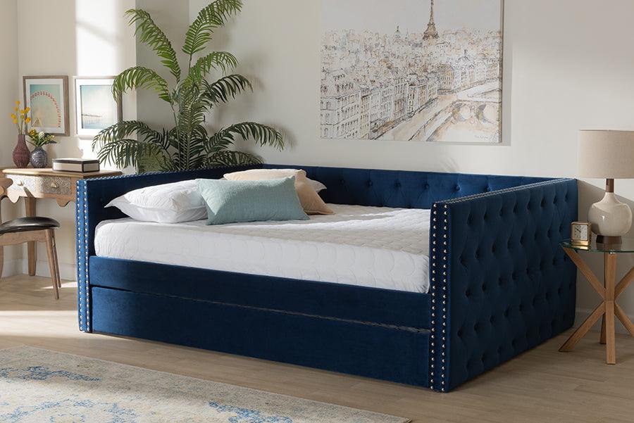 Wholesale Interiors Daybeds - Larkin Navy Blue Velvet Fabric Upholstered Queen Size Daybed with Trundle