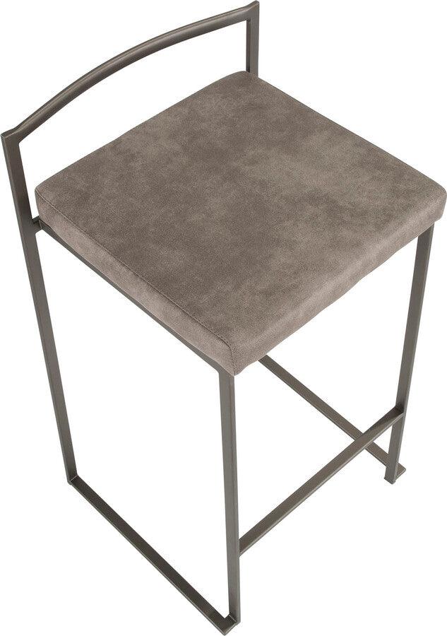 Lumisource Barstools - Fuji Industrial Stackable Counter Stool in Antique with Stone Cowboy Fabric Cushion - Set of 2