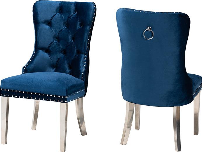 Wholesale Interiors Dining Chairs - Honora Contemporary Glam and Luxe Navy Blue Velvet Fabric and Silver Metal 2-Piece Dining Chair Set