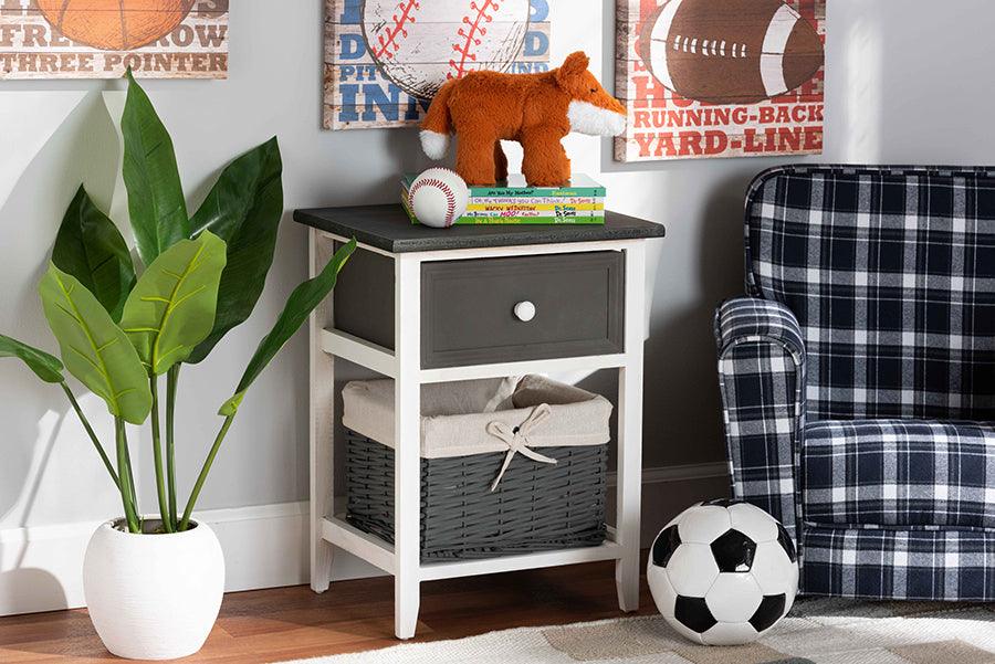 Wholesale Interiors Bedroom Organization - Shadell Transitional Two-Tone Grey and White Wood 1-Drawer Storage Unit with Basket