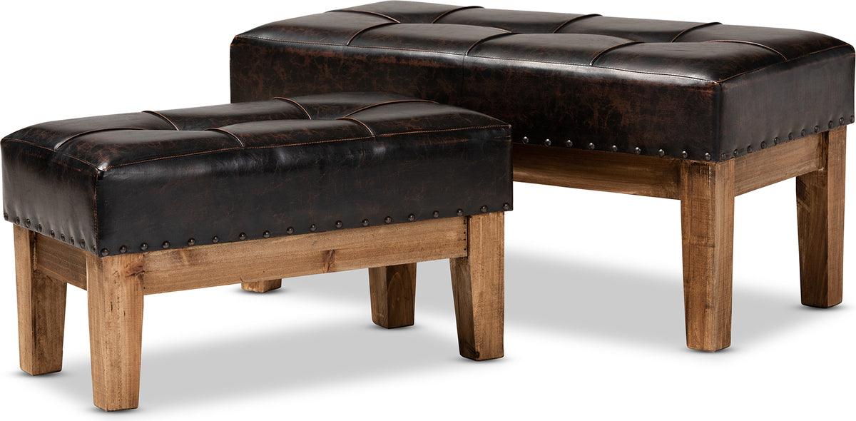 Wholesale Interiors Living Room Sets - Lenza Rustic Dark Brown Faux Leather Upholstered 2-Piece Wood Ottoman Set