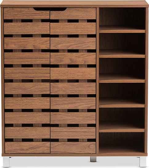 Wholesale Interiors Shoe Storage - Shirley Contemporary Walnut Medium Brown Wood 2-Door Shoe Cabinet with Open Shelves