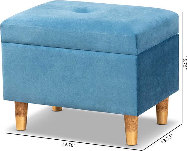 Wholesale Interiors Ottomans & Stools - Elias Sky Blue Velvet Fabric Upholstered and Oak Brown Finished Wood Storage Ottoman