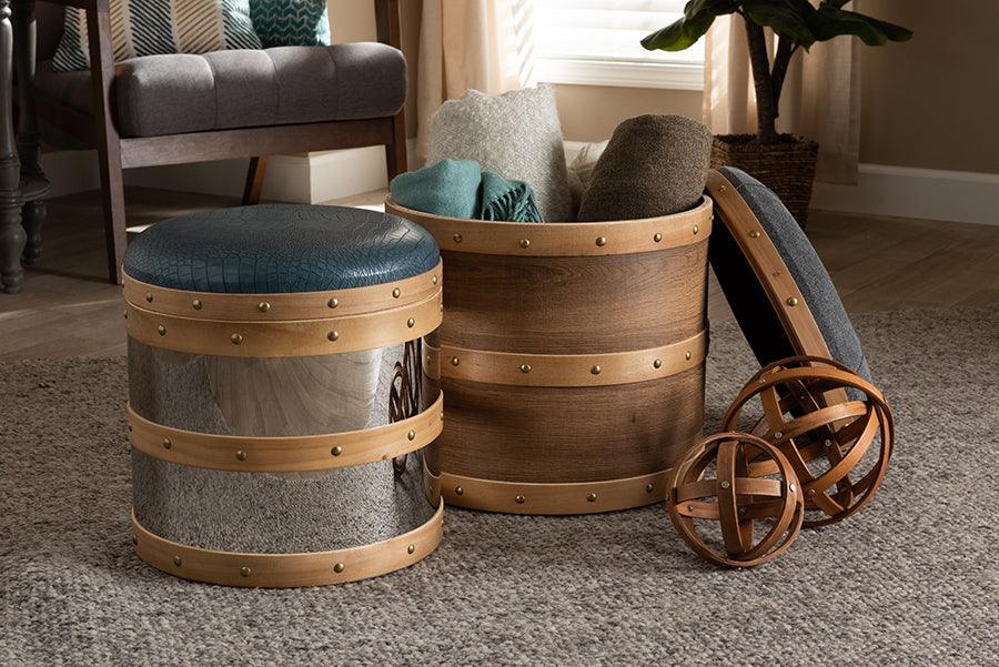 Wholesale Interiors Ottomans & Stools - Caleb Modern Grey Fabric and Blue Faux Leather Wood and Metal Storage Ottoman Set