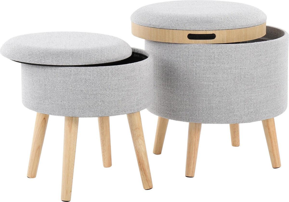 Lumisource Ottomans & Stools - Tray Contemporary Storage Ottoman With Matching Stool In Light Grey Fabric & Natural Wood Legs