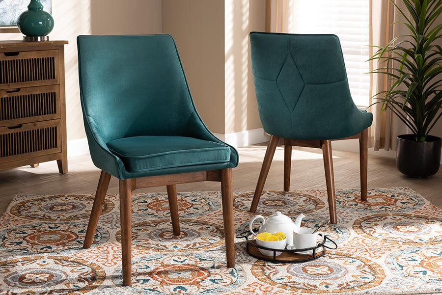 Wholesale Interiors Dining Chairs - Gilmore Contemporary Teal Velvet Brown Finished Wood 2-Piece Dining Chair Set