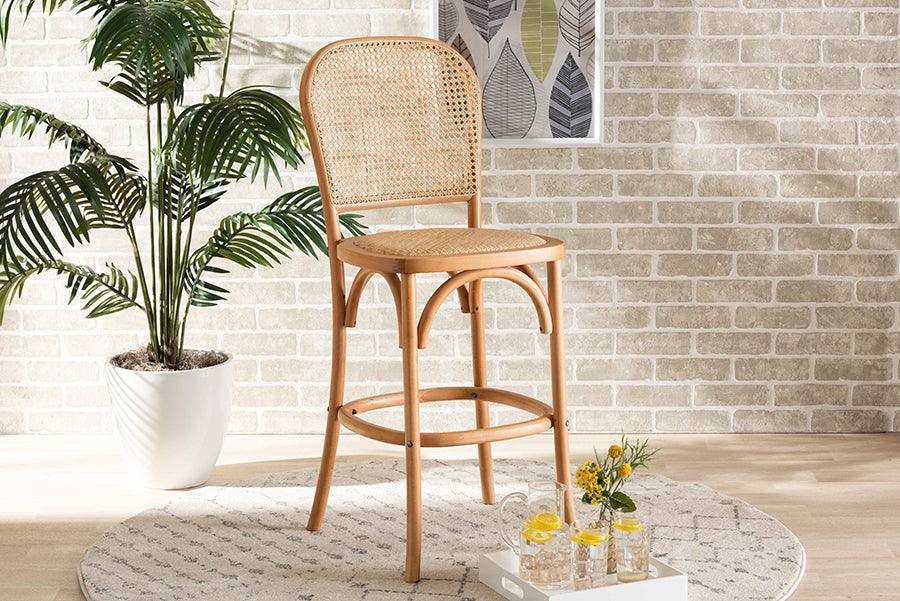 Wholesale Interiors Barstools - Vance Mid-Century Modern Brown Woven Rattan and Wood Cane Counter Stool
