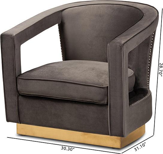 Wholesale Interiors Accent Chairs - Neville Grey Velvet Fabric Upholstered and Gold Finished Metal Armchair