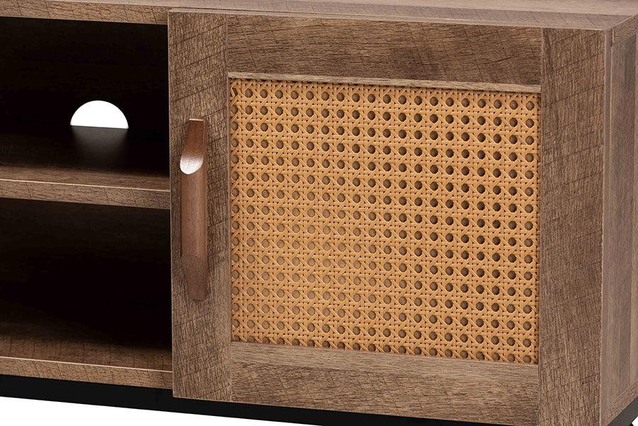 Wholesale Interiors TV & Media Units - Veanna Bohemian Brown Wood and Black Metal 2-Door TV Stand with Synthetic Rattan