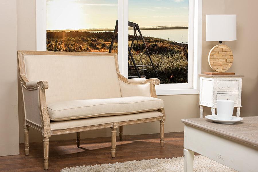 Wholesale Interiors Loveseats - Chavanon Wood & Light Beige Linen Traditional French Loveseat