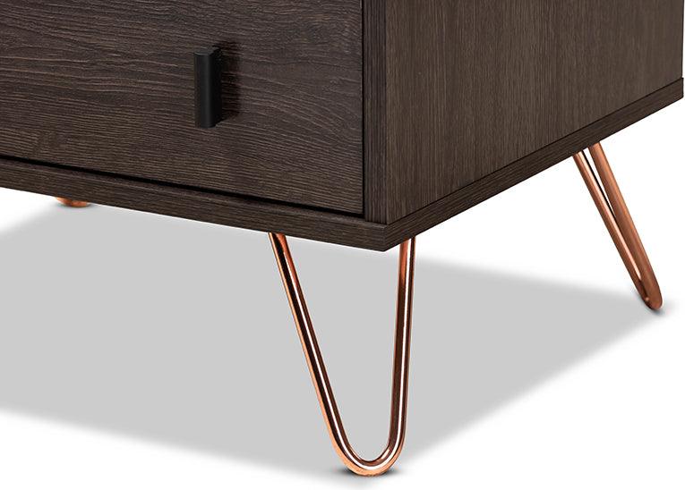 Wholesale Interiors Nightstands & Side Tables - Glover Dark Brown Finished Wood and Rose Gold-Tone Finished Metal 2-Drawer Nightstand