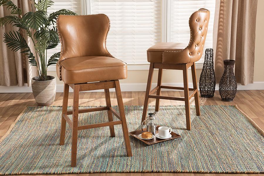Wholesale Interiors Barstools - Gradisca Tan Faux Leather Upholstered and Walnut Brown Finished Wood 2-Piece Swivel Bar Stool Set