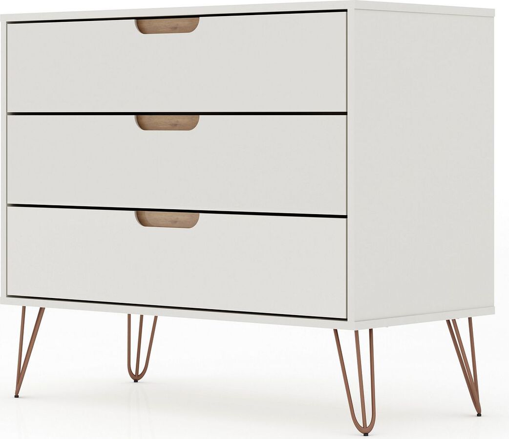 Manhattan Comfort Dressers - Rockefeller Mid-Century- Modern Dresser with 3- Drawers in Off White & Nature