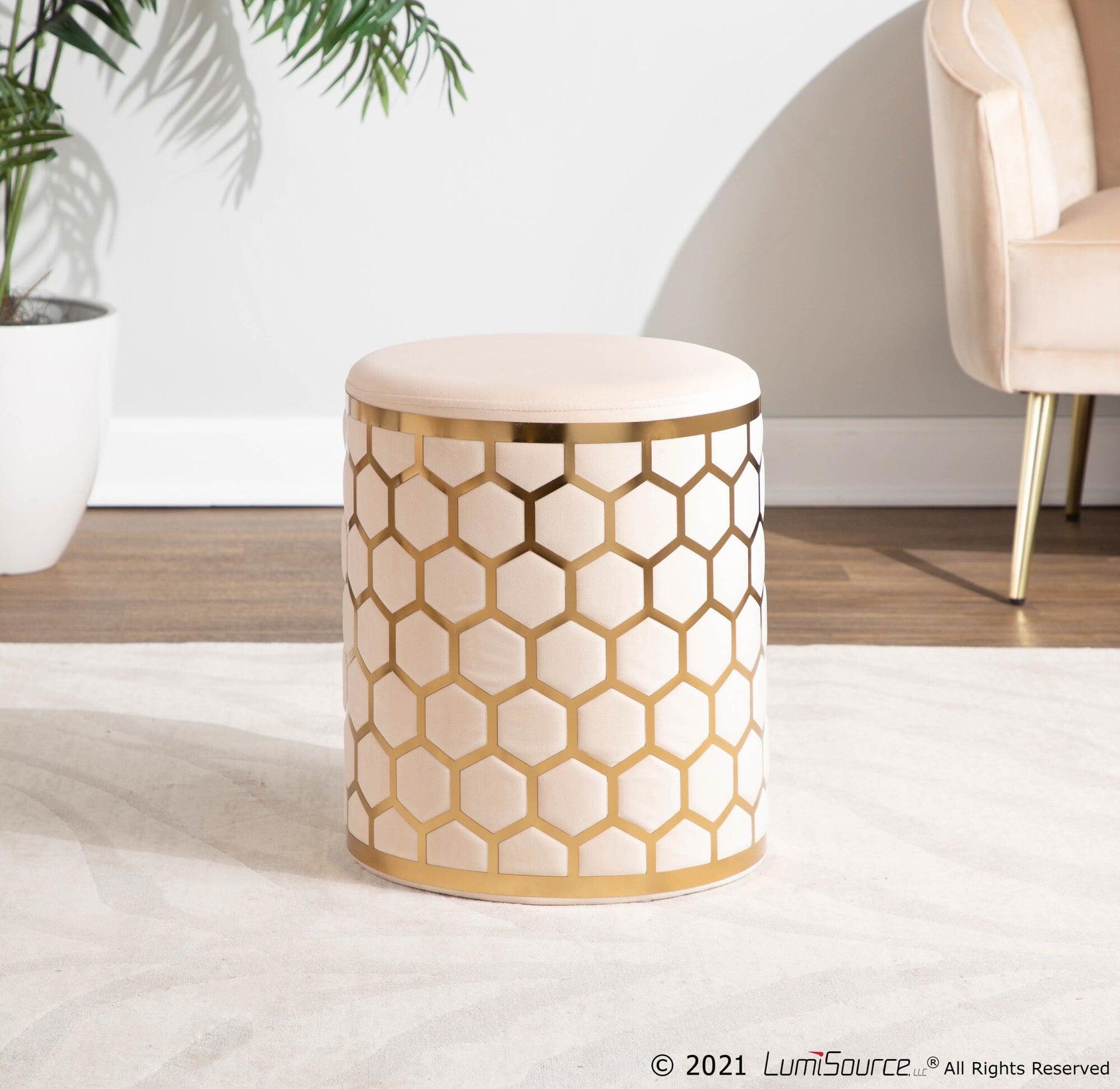 Lumisource Ottomans & Stools - Honeycomb Contemporary Ottoman Gold Steel & Cream Velvet
