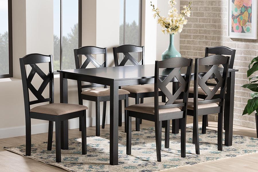Wholesale Interiors Dining Sets - Ruth Sand Fabric Upholstered and Dark Brown Finished Wood 7-Piece Dining Set