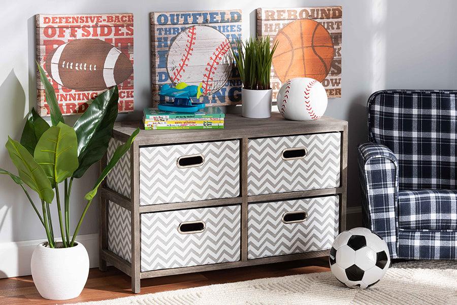Wholesale Interiors Bedroom Organization - Jorah Modern Grey and White Fabric Greywashed Wood 4-Basket Storage Unit
