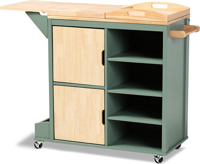 Wholesale Interiors Bar Units & Wine Cabinets - Dorthy Two-tone Dark Green & Natural Wood Kitchen Storage Cart