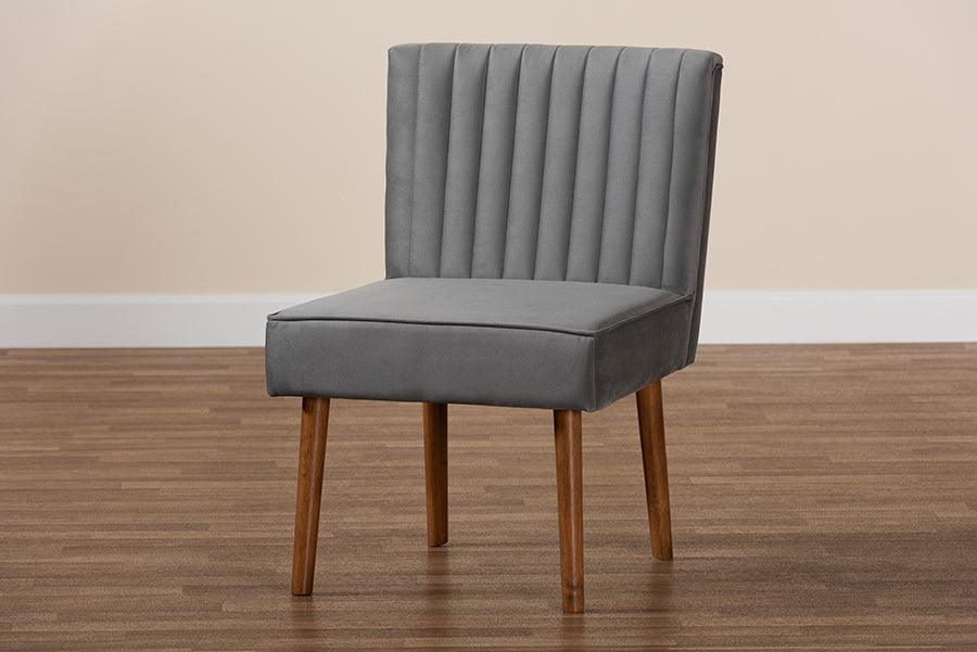 Wholesale Interiors Dining Chairs - Alvis Mid-Century Modern Grey Velvet Upholstered and Walnut Brown Finished Wood Dining Chair
