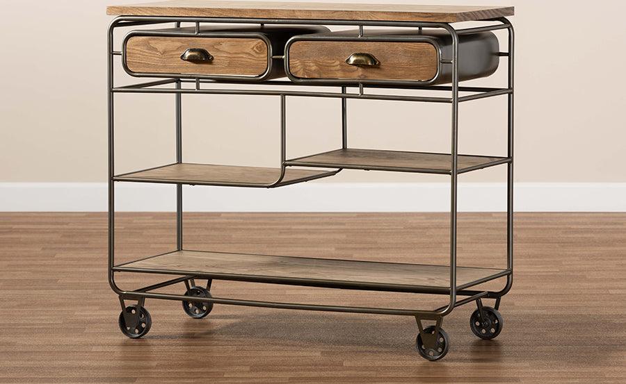 Wholesale Interiors Kitchen & Bar Carts - Grant Vintage Rustic Industrial Oak Brown Wood and Black Metal 2-Drawer Kitchen Cart