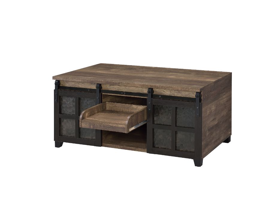 ACME Furniture Coffee Tables - ACME Nineel Coffee Table, Obscure Glass, Rustic Oak & Black Finish