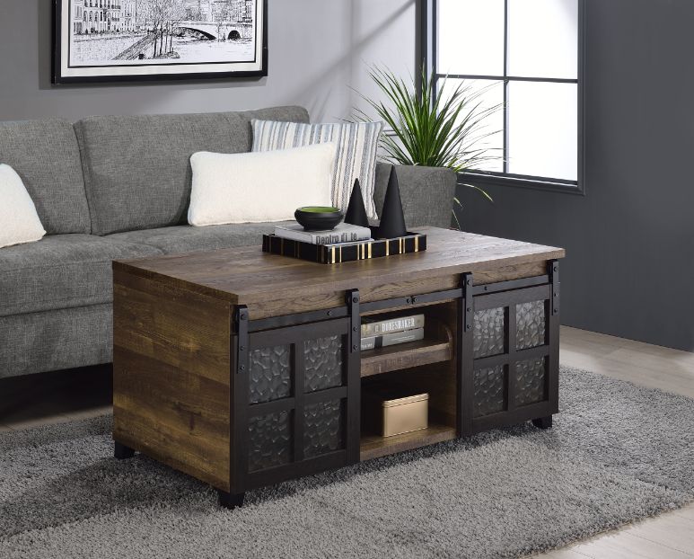 ACME Furniture Coffee Tables - ACME Nineel Coffee Table, Obscure Glass, Rustic Oak & Black Finish