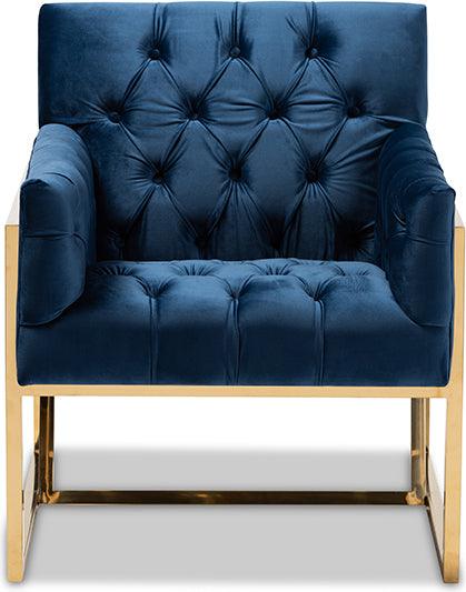 Wholesale Interiors Accent Chairs - Milano Modern And Contemporary Navy Velvet Fabric Upholstered Gold Finished Lounge Chair