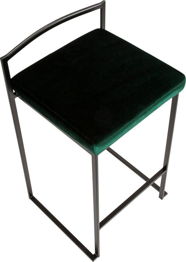 Lumisource Barstools - Fuji Contemporary Stackable Counter Stool in Black with Green Velvet Cushion - Set of 2