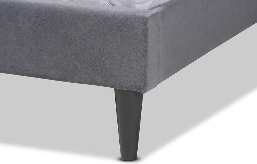 Wholesale Interiors Beds - Gothard Grey Velvet Fabric Upholstered and Dark Brown Finished Wood Queen Size Platform Bed
