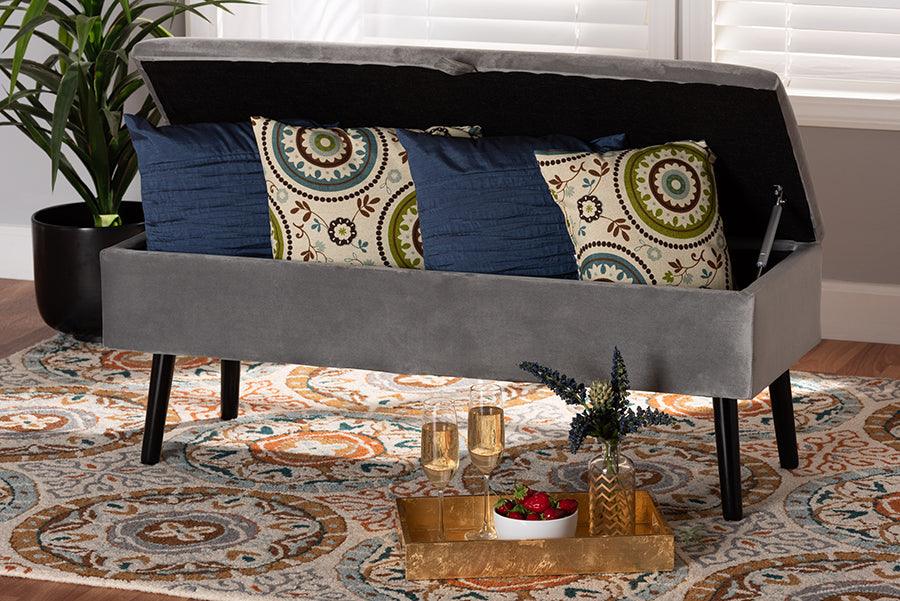 Wholesale Interiors Benches - Caine Modern and Contemporary Grey Velvet and Dark Brown Wood Storage Bench