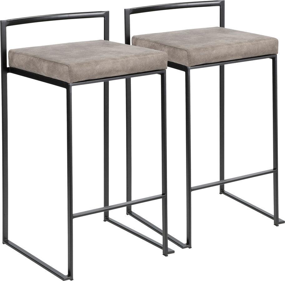 Lumisource Barstools - Fuji Contemporary Stackable Counter Stool in Black with Stone Cowboy Fabric Cushion - Set of 2