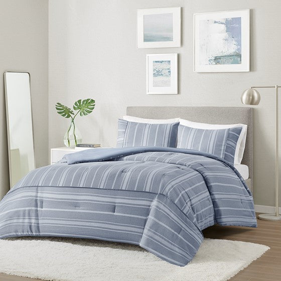Olliix.com Comforters & Blankets - 3 Piece Striped Herringbone Oversized Comforter Set Blue Full/Queen