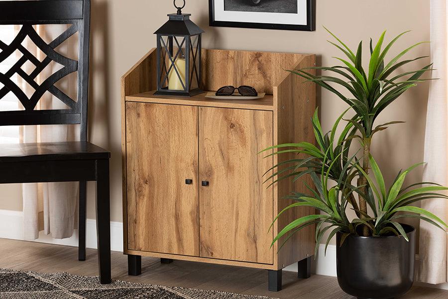 Wholesale Interiors Shoe Storage - Rossin Oak Brown Finished Wood 2-Door Entryway Shoe Storage Cabinet with Top Shelf